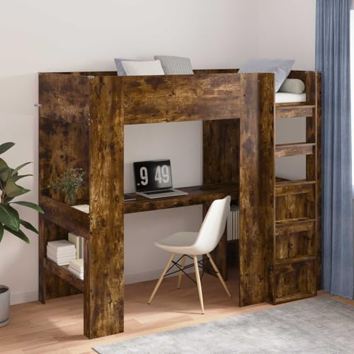 sephironlbb Bunk Bed Frame with Desk, Smoked Oak, Single Bed with Ladder and Shelves, Space Saving Design for Teenager's Room, Robust Wood Composite Loft Bed