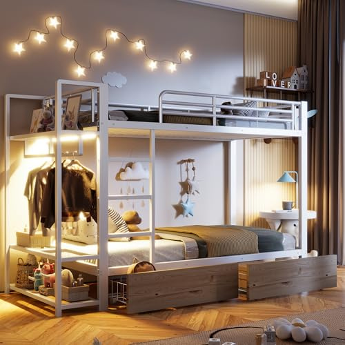 Merax Etagenbett 90x200 cm aus Metall, Stockbett mit LED-Beleuchtung, Bettgestell mit 2 Schubladen & Ablageflächen, Hochbett mit Rausfallschutz für Kinder, Jugendliche, ohne Matratze, Weiß