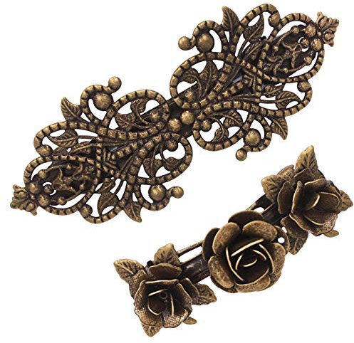 Lot de 2 Barrettes Métalliques Vintage Rétro - Accessoires pour Cheveux de Couleur Bronze avec Roses