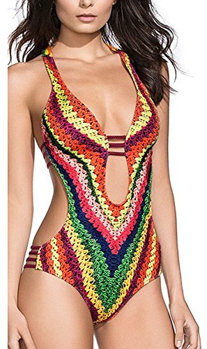 DELEY Mujeres Vendimia Floral Print Cuello En V Profundo Push Up Bikini Brasileño Traje De Baño Ropa De Playa Monokini Swimwear Rojo