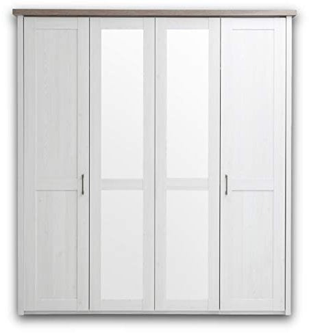 Stella Trading Eleganter Kleiderschrank im Landhausstil 4-türig - Vielseitiger Drehtürenschrank mit zwei Spiegeltüren in Pinie Weiß / Trüffel - 195 x 212 x 62 cm (B/H/T)