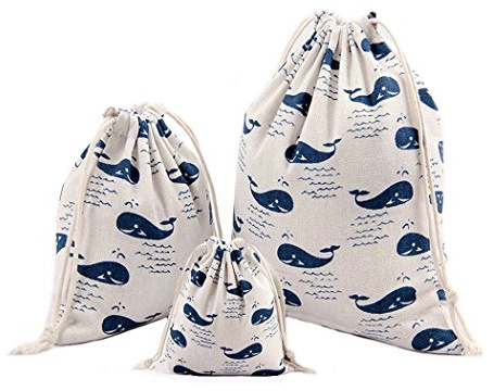 Amoyie Lot de 3 Sac à Cordon Tissu, Petit Pochette Rangement Bebe Maternite, Cotton Organiseurs de Bagage pour Voyage, Jouets, Vêtements Enfant, baleine