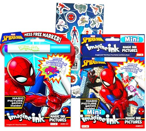 Marvel Store Spiderman Imagine Tintenmalbuch-Set – 2 schmutzfreie Bücher mit Aufklebern, keine Unordnung, magische Stifte, Spiele, Puzzles, Labyrinthe, Aktivitäten