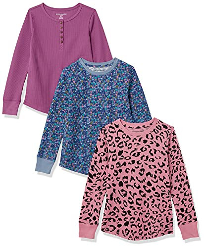 Amazon Essentials Girls' Long-Sleeved Knitted Thermal T-Shirt, Pack of 3, Purple/Animal, 5 Years