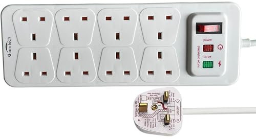 ShaniTech 8 Gang Way 1m Surge Protected Power Extension Lead Switched Power Strip