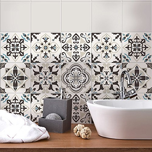 RE-COVERTILES - Autocollants Carrelage Salle de Bain et Cuisine 24 Pcs 10x10 cm - PS00022 Décoration murale en carrelage mosaïque PVC imperméable style carreaux de ciment Azulejos