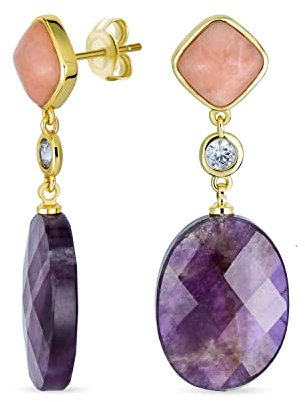 Elegante Edelstein Staubige Rose Kristall Akzent Natürliche Briolette Lila Amethyst Facettierte Ovale Hängeohrringe für Frauen Gelbvergoldet