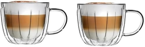 Vialli Design Set 2 x Thermoisolierten TULIP 350 ml Breite Tassen mit Henkel | Glasbecher zum Servieren von Kaffee, Espresso, Tee Kaltgetränken und Getränken