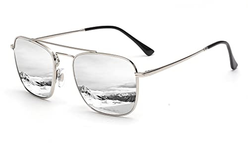 JIM HALO Lunettes de soleil aviateur carrées rétro avec verres en verre de qualité supérieure - Lunettes plates en métal - Pour homme et femme, Monture argentée/verre argenté miroir, Taille unique