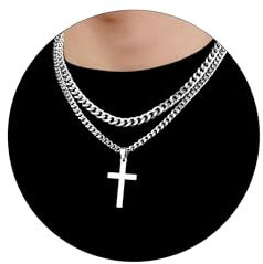 FUNEIA Halskette Herren Edelstahl Panzerkette Kette Silber Männer Kubanische Gliederkette Hip-Hop Silberkette Jungs Men's Necklace Schmuck Geschenk Herren Damen (F-Kreuz Silber Cuban, Länge 61cm)