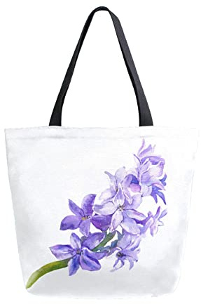 Sac fourre-tout en toile motif jacinthe à fleurs violettes pour femme, sac de plage printemps été, sac à bandoulière violet, grand sac à main réutilisable léger pour le shopping, les courses, les voya