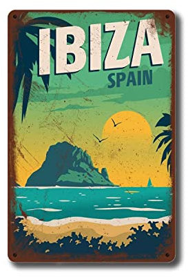 Reise-Metallschild, Spanien, Ibiza, Metallposter, Städtereise, Landschaft, Vintage-Metall-Blechschild, Kunst, Wanddekoration für Zuhause, Büro, Garten, Männerhöhle, Club, Café, Bar, Dekor-Schild
