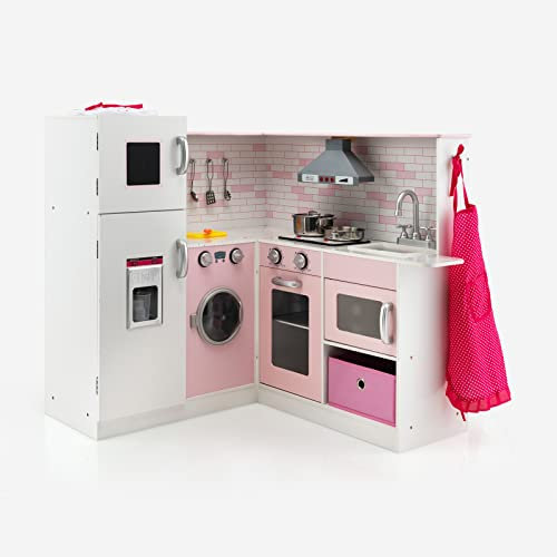 GYMAX Cucina da Tavolo per Bambini con Lavatrice, Macchina del Ghiaccio, Cucina ad Angolo in Legno per Bambini con Luci e Suoni Interattivi, Giocattoli da Cucina Simulati, Rosa (Stile 4)