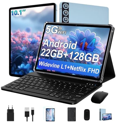 ZIOVO Tablet PC 10 Zoll Android 14 mit 22GB RAM+128GB ROM(1TB TF), Widevine L1, 5G WLAN, Octa-Core 2.0GHz, 8000mAh, 5+8MP, BT 5.0, AGPS, Metallgehäuse Tablet mit Tastatur und Maus - Blau