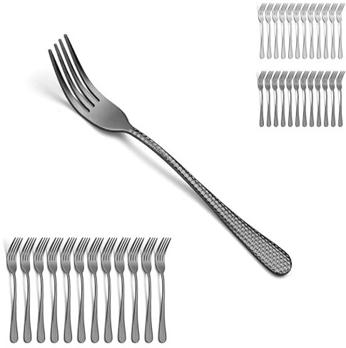 Evanda Black Dinner Forks 12 Pieces, Black Titanium Plated Stainless Steel 17cm Forks With Vintage Elegant Hammered Handles, Easy to Clean, Dishwasher Safe