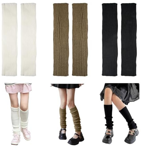 3 Paia Scalda Muscoli per Donne e Ragazze,Scaldamuscoli in Maglia Invernale Y2k,Bambina Leg Warmers Danza Elastici, Scaldamuscoli Moda Caldi Inverno,Dimagrire i Polpacci (Nero/Bianco/Khaki)