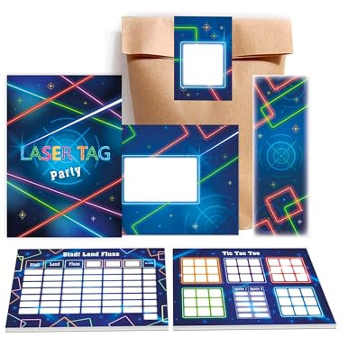 6 Einladungskarten zum Kindergeburtstag Laser Tag Einladung Mädchen Kinder Jungs Jungen Boys Gastgeschenk inkl. 6 Umschläge, 6 Tüten, 6 Lesezeichen, 6 Aufkleber, 6 Stadt-Land-Fluss, 6 Tic Tac Toe