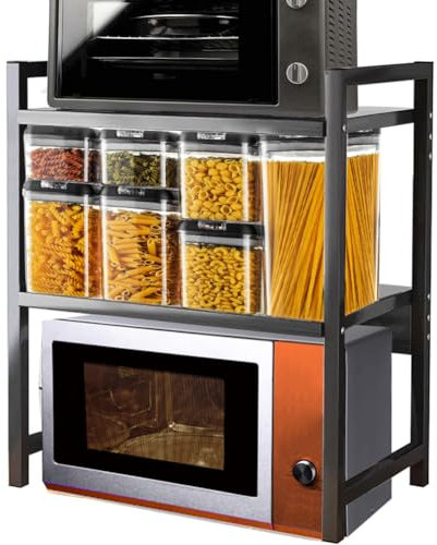 Shally Dogan Estante de almacenamiento para microondas de acero, estantería de cocina con estante para especias, unidad de estantes de 2 compartimentos con patas antideslizantes, diseño moderno (negro