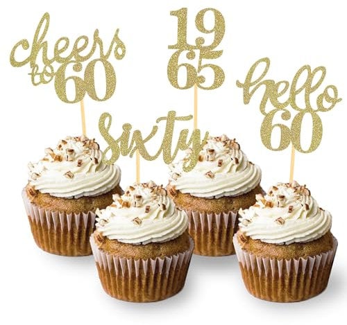 24 Pcs Glitter 60th Birthday Cupcake Toppers for Celebrating Sixty Years Old Birthday Party Decorations (Gold)