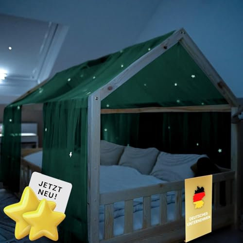 lilimaus Hausbett Himmel mit leuchtenden Sternen - Betthimmel Hausbett Deko - Geschenk Mädchen & Jungen - Himmelbett Vorhänge für 90x200 & 120x200 Kinderbetten - Leuchtsterne Kinderzimmer Deko