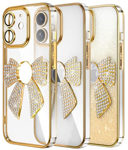 IMEIKONST Compatible with iPhone 12 Phone Case, Glitter Camera Protector Case Bling Shining Diamond Bow Elegant Design Soft TPU Thin Slim Fit Rubber Bumper Cover for iPhone 12. Gold KDH