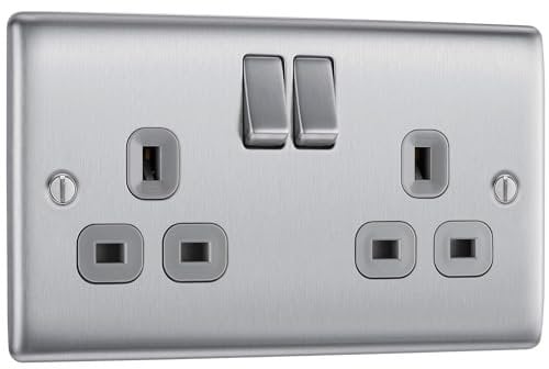 AMK® BG Nexus Brushed Steel Satin Chrome 13Amp Double Plug Socket 2 Gang Metal Grey Inserts
