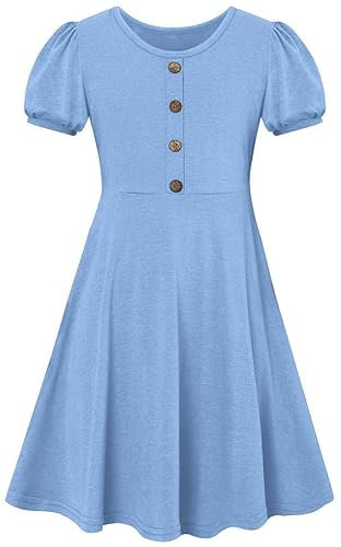 SFreeBo Dresses for Girls 11-12 Years Casual Girls Party Dress Little Girl Blue Dress Summer Cotton Casual Lantern Short Sleeve T-Shirt Dresses