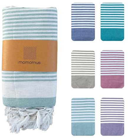 MOMOMUS Fouta XXL oder Picknickdecke XXL für den Strand - Mit Fransen, Gestreift und Leicht - Große Stranddecke, Sandfreie Strandmatte und Faltbare Campingdecke - Türkis, 210x240 cm