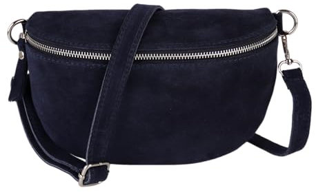 MIRROSI® Bauchtasche Damen, Made in Italy, Echtleder Umhängetasche Echtes Leder, Brusttasche, Crossbody Bag aus WLD Veloursleder, in 3 Größen erhältlich (Navy WLD Silberner Reißverschluss) (Gr.L)
