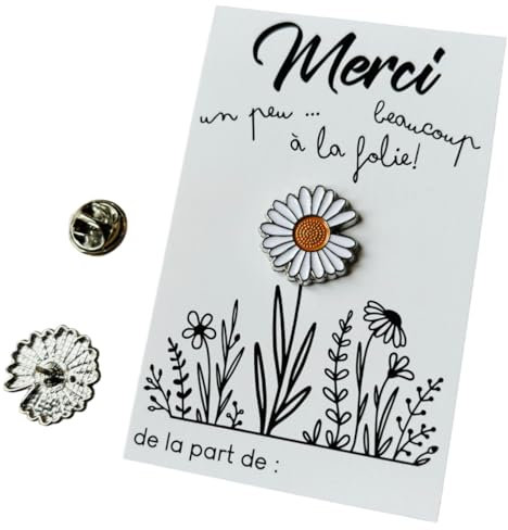 Carte Pin’s Merci Marguerite – Cadeau Remerciement Maîtresse/Maitresse, ATSEM, Nounou – Pins Fleur Marguerite/Pâquerette avec Carte Message et Étui Cadeau – Fin d’Année École Original