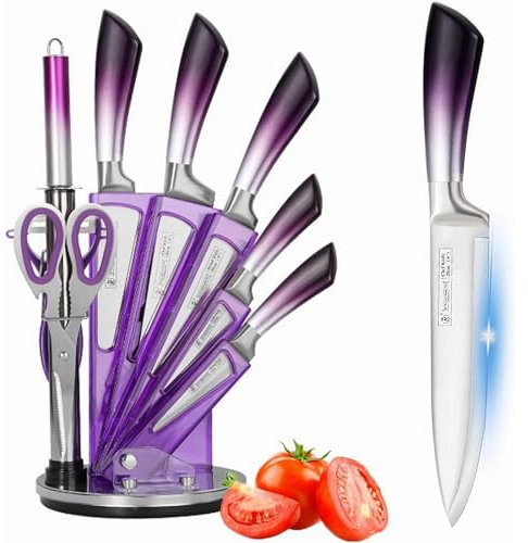 Messerset mit Messerblock Set, 9-Teiliges Lila Küchenmesser Set mit Drehbare Acryl Messerblock, Sharp Antihaft Beschichtete Kochmesser Block Set mit Schärfer,Geschenk für Mädchen (Lila)