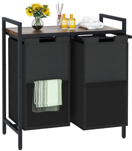 Laundry Basket, 2 Compartments,Dirty Laundry Basket,Laundry Hamper Bins 2 Sections,Black Double Laundry Washing Basket Organiser with 2 Removable Oxford Cloth Bags, Metal Frame