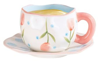 Nivofu Juego de tazas de café con platillo, taza de flores dulces, Tazas Cafe Espresso De Cerámica, taza de cerámica de 300 ml, Taza de café Irregular, para mujeres, niñas (Azul)