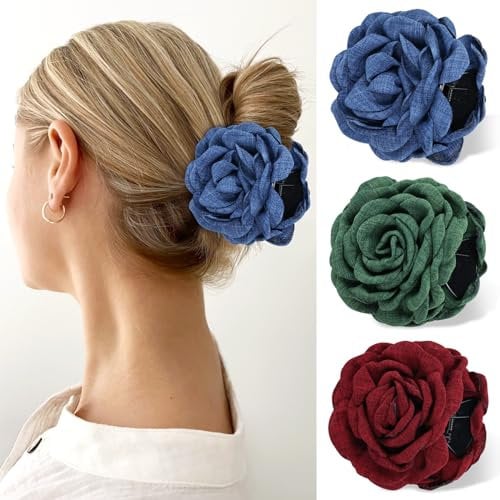 Cinaci 3 Pieces Vintage Rose Flower Hair Claws Clips with Strong Hold Floral Updo Hair Clips Barrettes Accessories for Women Girls