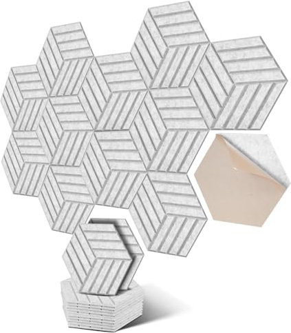 Hexagon Akustikplatten selbstklebend - Schallabsorber für Wand & Decke - 30x26x0.9cm, 12er Pack, weiß - Perfekt für Wohnräume, KTVs, Musikzimmer & Büros. (Silbergrau Streifen-Hexagon)