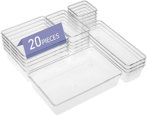 adorbox 20 Stücke Schubladen Organizer Set mit 5 Größen, Kristallklare Aufbewahrungsboxen mit Anti-Rutsch Design, Stapelbare Schminktisch Organizer für Kosmetik, Büro, Bad, Küche & Schreibtisch