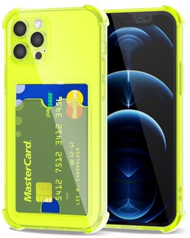 Svanove for iPhone 12 Pro Max Case Wallet Clear, Card Holder Case with Credit Card Slot, Thin Slim Transparent Silicone Grip Soft Rubber Protective Shockproof Airbag Bumper for Women, Neon Green