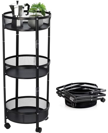 Spetebo Metall Rollwagen schwarz rund mit 3 Ablagen klappbar - 88 x 37 cm - Faltbarer Küchenwagen mit 3 Ablagekörben - Servierwagen Beistellwagen Klappregal für Küche Bad Flur fahrbar