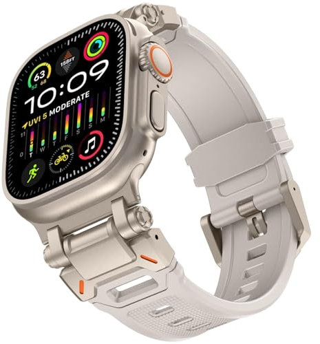 CYSUE Para Apple Watch Ultra 2 Band 49mm Para Apple Watch Band Series 9/8/SE2/7/6/SE/5/4/3/2/1 45mm/44mm/42mm Banda conectora de metal duradera, banda de repuesto deportiva de TPU resistente(Starlight