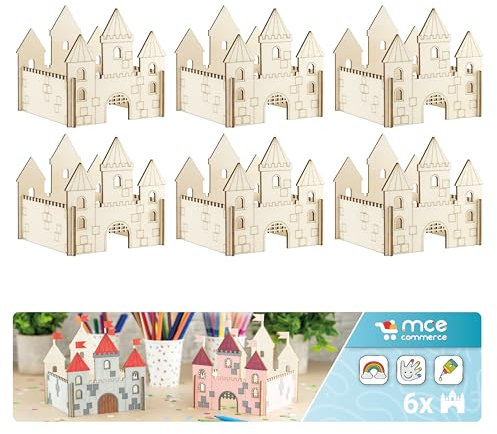 MCE-Commerce Schloss oder Burg Bastelset aus Holz für Kinder Geburtstag 6 Stück, Natur