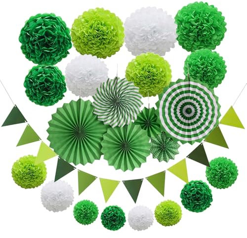 23 Stück Pompons Deko, FORMVERSITY Seidenpapier Pompons, Papierfächer Deko, Papierblumen, Pom Pom Kit, Party Deko, Girlande Grün, Wimpel, Geeignet für Feste, Geburtstage, Hochzeiten, Partys, Taufen