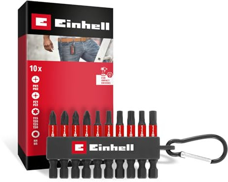 Original Einhell Impact bit Set 10-Piece (50 mm bits PH/PZ/T/H, S2 Steel, bit Latch with Carabiner, E 6.3 Shank)