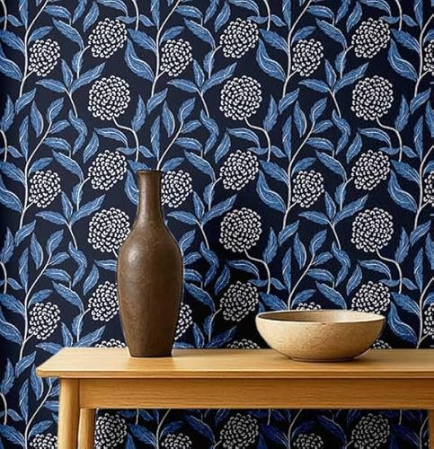 S4Sassy Revestimiento de pared autoadhesivo, elegante estampado botánico texturizado - Mural azul para renovación instantánea de paredes, ideal para baño y lavandería - autoadhesivo- 63 x 304 cm