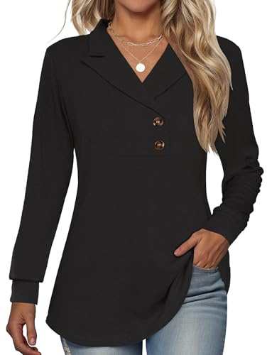 Tisfeer Pullover Damen Sweatshirt V-Ausschnitt Langarm Elegant Lässig | Reverskragen V-Ausschnitt mit Zierknöpfen Weich Locker Einfarbig Tunika Oberteile für Alltag Arbeit Freizeit Herbst Winter
