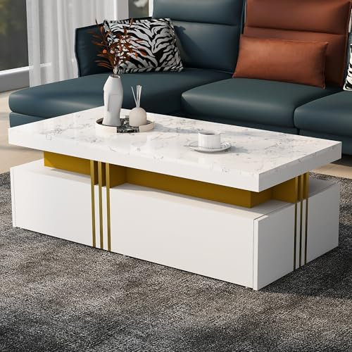 Merax White Coffee Table with Marble Pattern Top, Modern Coffee Table with 2 Drawers, Rectangular Center Table for Office/Living Room, Gold Stripe Decoration, White, 100x50x40cm
