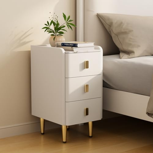 AQIMUELE Nachttisch Schmal, Beistelltisch mit 3 Schubladen, Nachtschrank Oberfläche mit Elegantem Lederdesign, Nachtkästchen für Schlafzimmer, Wohnzimmer (weiß - Breite 30cm)