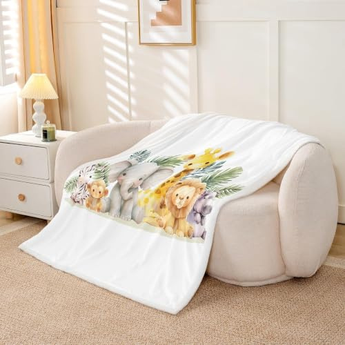 Homewish Zoo Tier Decke 150x200cm Cartoon Tiere Fleecedecke Niedliche Elefant Löwe Giraffe AFFE Zebra Wurfdecke für Kinder Jungen Mädchen Zimmer Dekor,Wald Wildlife Fuzzy Decke