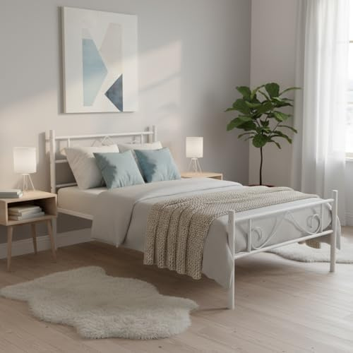 FurnitureR Einzelbett Metall 90×200 cm, stabiles Plattformbett mit Lattenrost, klassisches Gestell mit Kopf- & Fußteil, für Schlafzimmer, Gästezimmer & Jugendzimmer, bis 150 kg belastbar,Weiß B