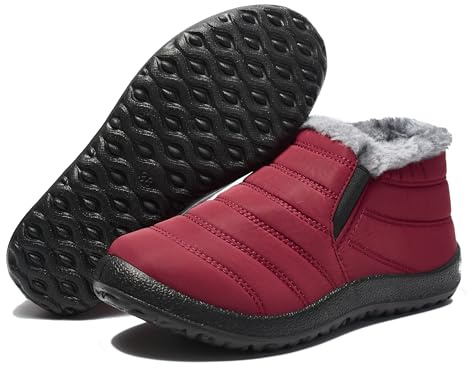 FUJEAK Winter Snow Boots for Mens Fur Lined Warm Ankle Slip On Anti-Slip Casual Boots Waterproof Outdoor Boots Lightweight Comfortable Shoes Red UK Size 6