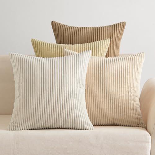 EMEMA Kissenbezug 60x60 Kordsamt Beige Serie Sofakissen 4er Set | Dekokissen Kissenbezüge Kord Kissenhülle Zierkissenbezug Dekorative Cord Kissen Weiche für Sofa Wohnzimmer Schlafzimmer